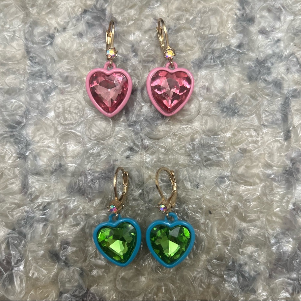 NWOT Betsey Johnson Heart Shaped Pink and Green Earrings